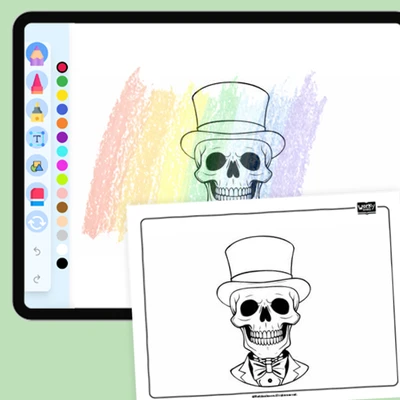 Skeleton wearing a top hat - coloring educational content