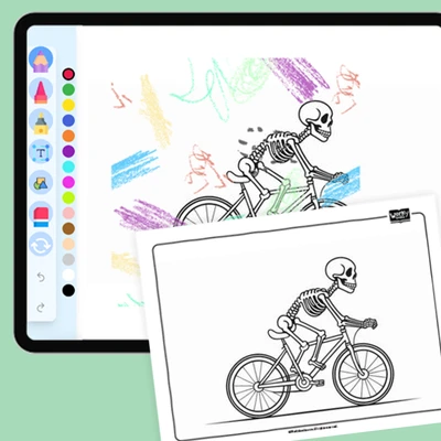 Skeleton riding a bicycle - coloring educational content