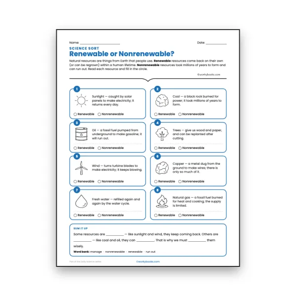 Renewable or Nonrenewable? - Science Sort - worksheet educational content