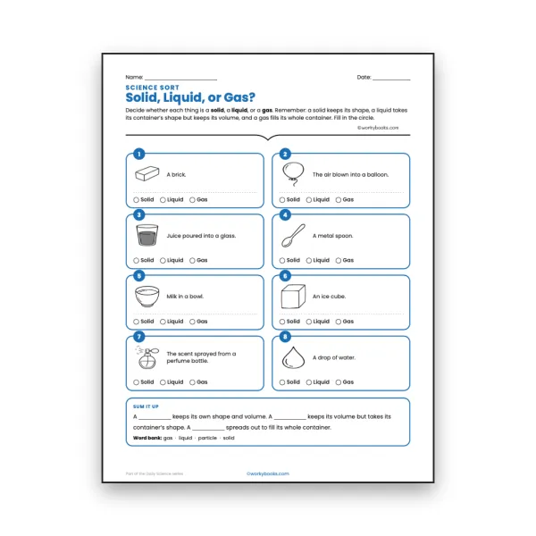 Solid, Liquid, or Gas - worksheet educational content