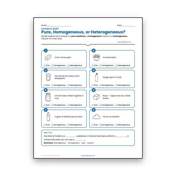 Pure, Homogeneous, or Heterogeneous? - worksheet educational content