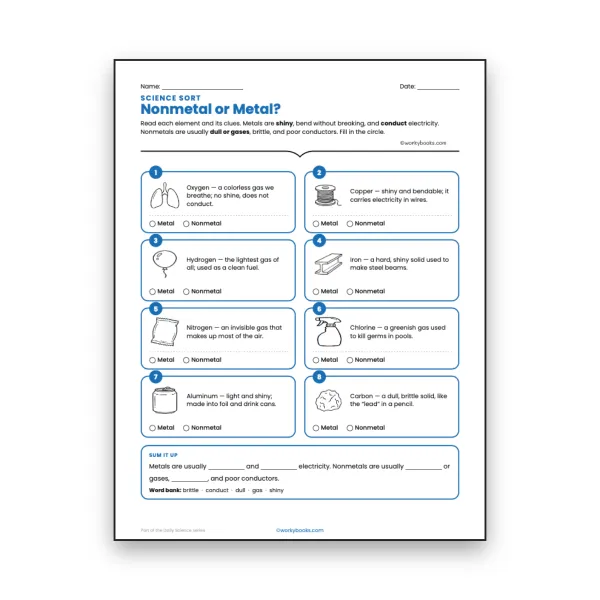 Nonmetal or Metal - worksheet educational content