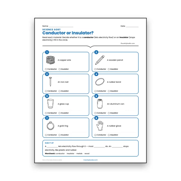 Conductor or Insulator? worksheet for grade 6