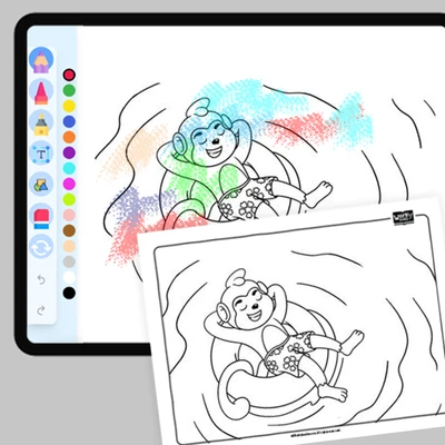 Ooki in a pool (monkey) - coloring educational content