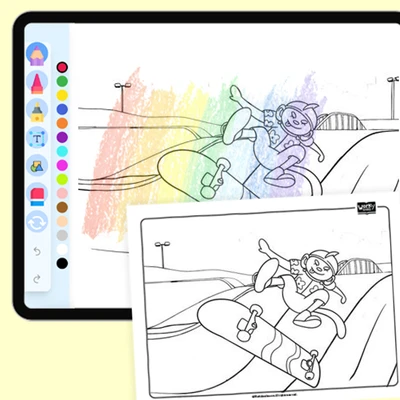 Ooki (monkey) skateboarding - coloring educational content