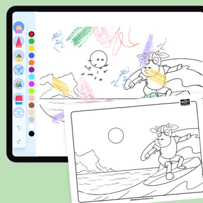 Cow surfing on beach - coloring educational content
