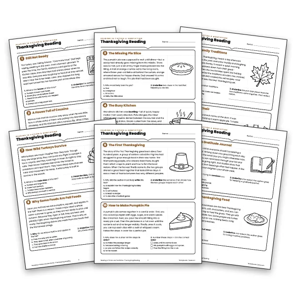 Thanksgiving Reading Comprehension Task Cards - worksheet educational content