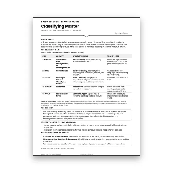 Classifying Matter - Teacher Guide  - worksheet educational content