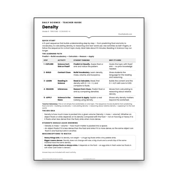 Density - Teacher Guide (bundle) - worksheet educational content