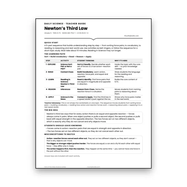 Newton's Third Law - Teacher Guide  - worksheet educational content