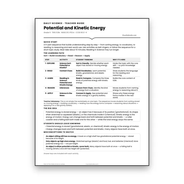 Potential and Kinetic Energy - Teacher Guide - worksheet educational content