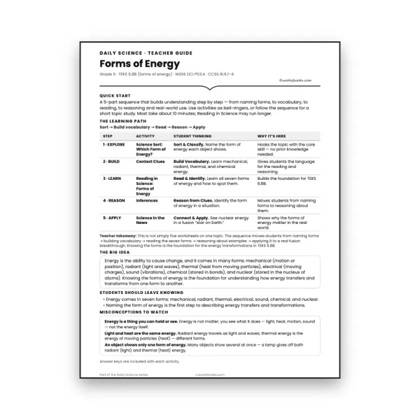 Forms of Energy - Teacher Guide - worksheet educational content