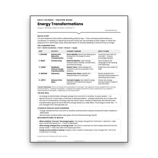 Energy Transformations - Teacher Guide  - worksheet educational content