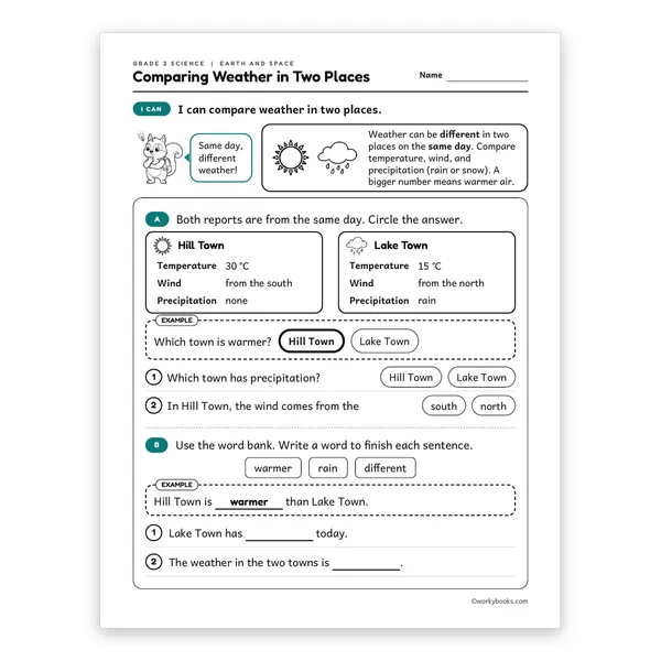 3rd Grade Comparing Weather in Two Places worksheet for grade 3