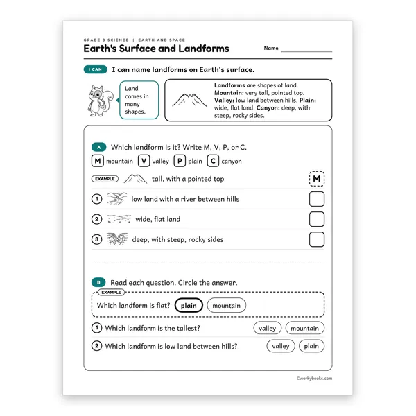 3rd Grade Earth's Surface and Landforms worksheet for grade 3