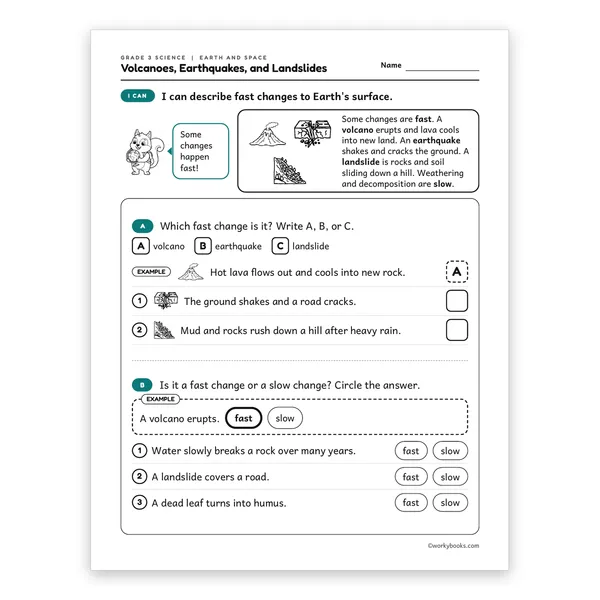 3rd Grade Volcanoes, Earthquakes, and Landslides worksheet for grade 3