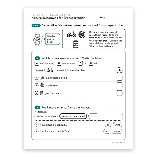 3rd Grade Natural Resources for Transportation worksheet for grade 3