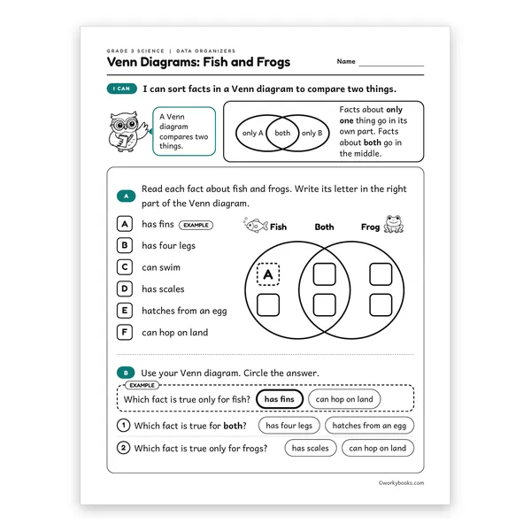 3rd Grade Venn Diagrams: Fish and Frogs worksheet for grade 3