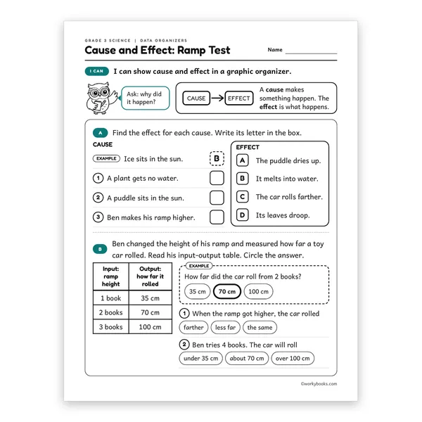 3rd Grade Cause and Effect: Ramp Test worksheet for grade 3