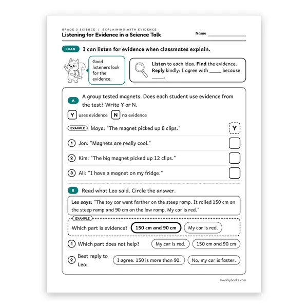 3rd Grade Listening for Evidence in a Science Talk worksheet for grade 3