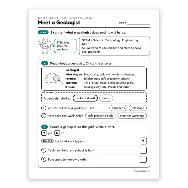 3rd Grade STEM Careers Meet a Geologist worksheet for grade 3