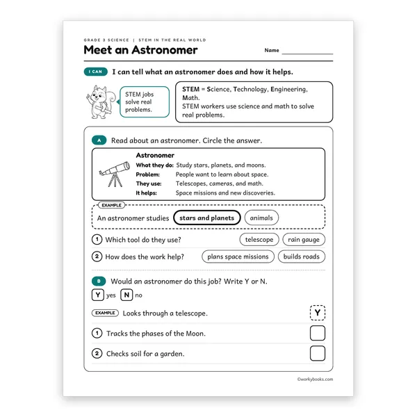 3rd Grade STEM Careers Meet an Astronomer worksheet for grade 3