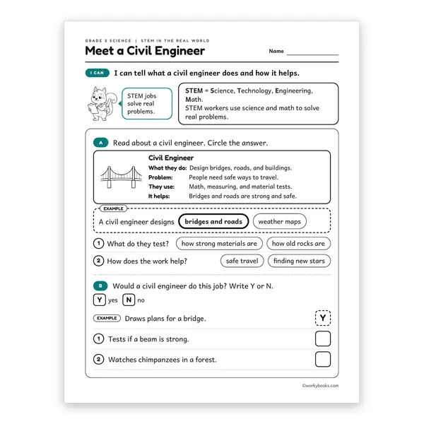 3rd Grade STEM Careers Meet a Civil Engineer worksheet for grade 3