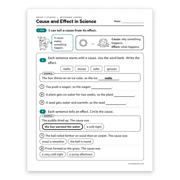 3rd Grade Cause and Effect in Science worksheet for grade 3