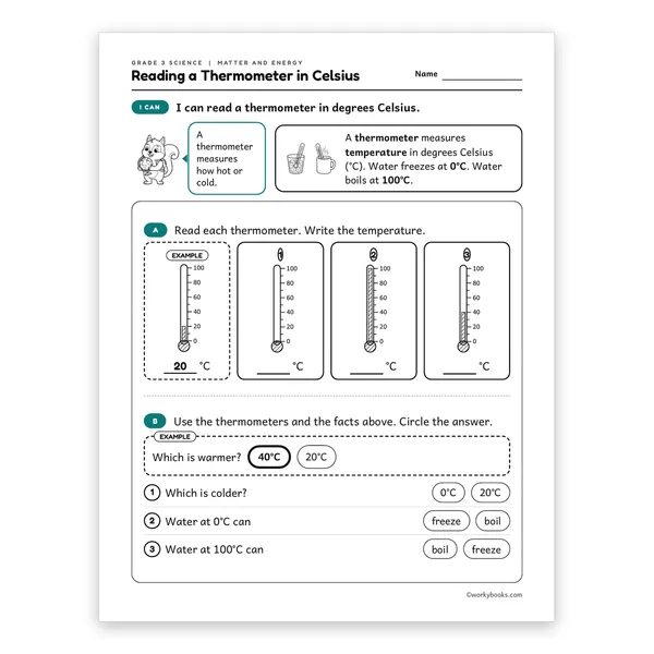 3rd Grade Reading a Thermometer in Celsius worksheet for grade 3