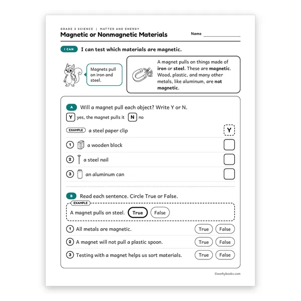 3rd Grade Magnetic or Nonmagnetic Materials worksheet for grade 3