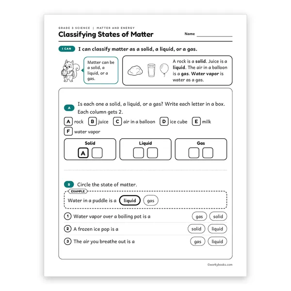 3rd Grade Classifying States of Matter worksheet