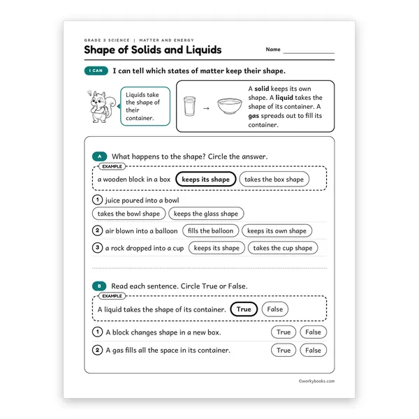 3rd Grade Shape of Solids and Liquids worksheet for grade 3