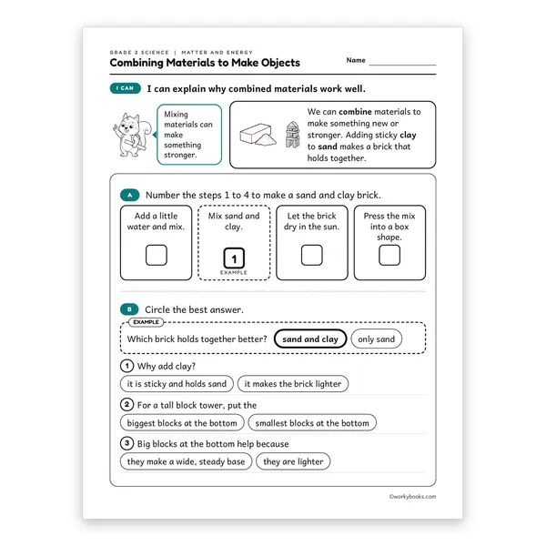 3rd Grade Combining Materials to Make Objects worksheet for grade 3