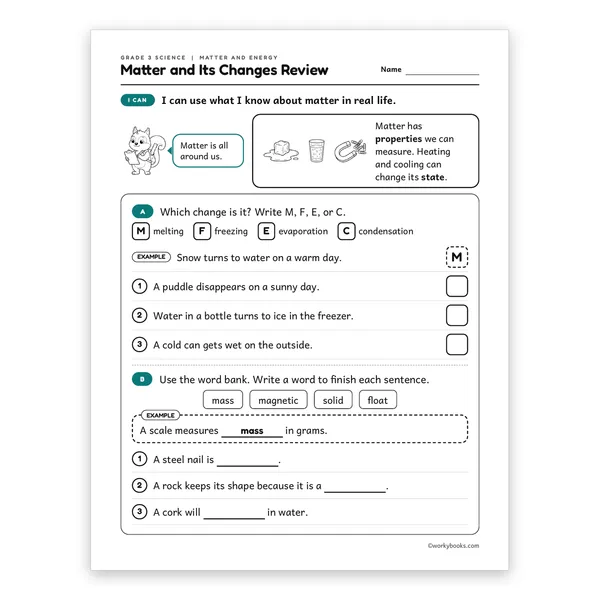 3rd Grade Matter and Its Changes Review worksheet