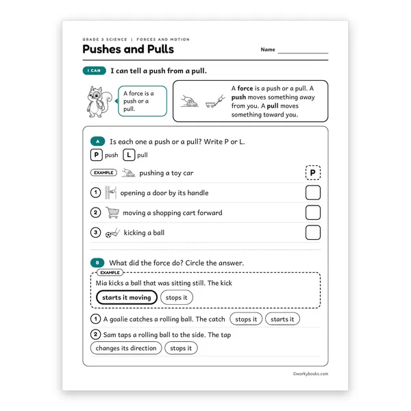 3rd Grade Pushes and Pulls worksheet for grade 3