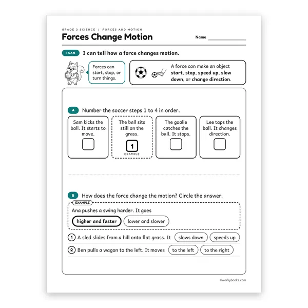 3rd Grade Forces Change Motion worksheet for grade 3
