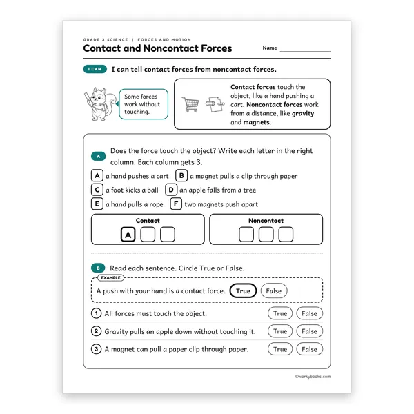 3rd Grade Contact and Noncontact Forces worksheet for grade 3