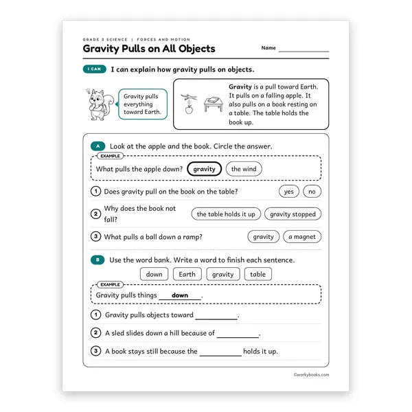 3rd Grade Gravity Pulls on All Objects worksheet for grade 3