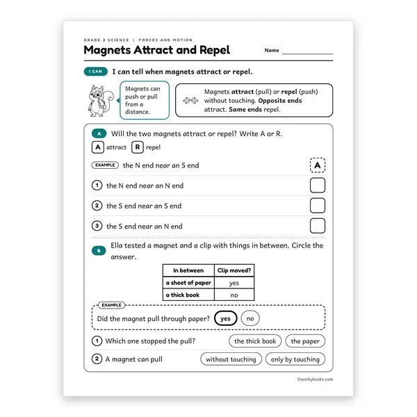 3rd Grade Magnets Attract and Repel worksheet for grade 3