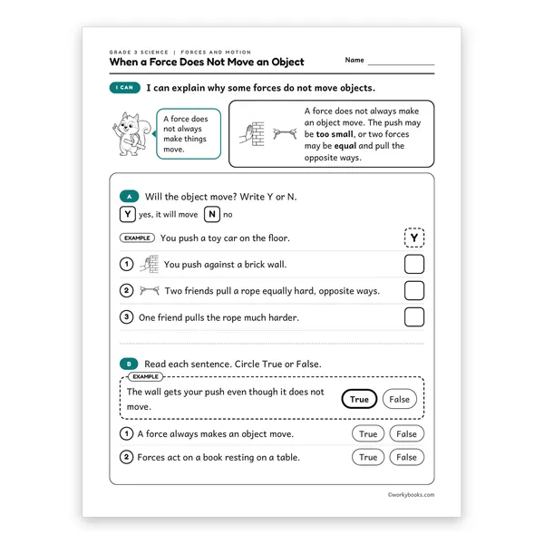 3rd Grade When a Force Does Not Move an Object worksheet for grade 3