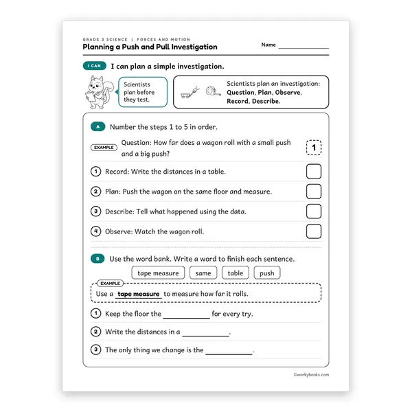3rd Grade Planning a Push and Pull Investigation worksheet for grade 3