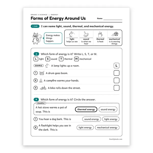 3rd Grade Forms of Energy Around Us worksheet for grade 3