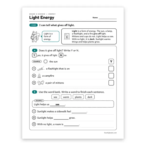 3rd Grade Light Energy worksheet for grade 3