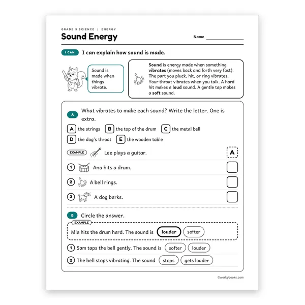 3rd Grade Sound Energy worksheet for grade 3