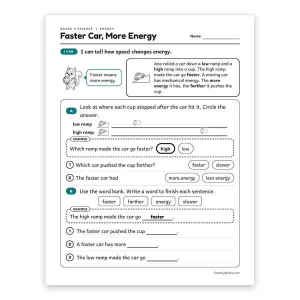 3rd Grade Faster Car, More Energy worksheet for grade 3