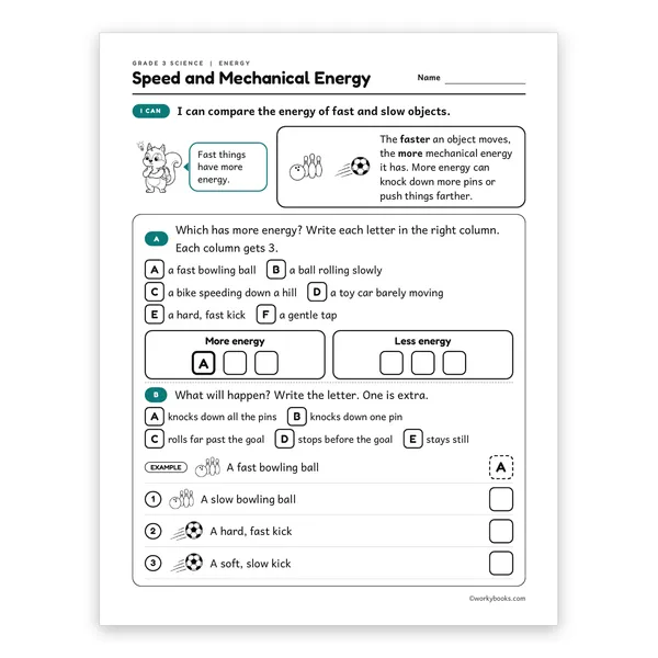 3rd Grade Speed and Mechanical Energy worksheet for grade 3