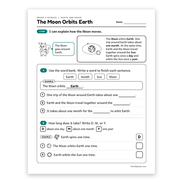 3rd Grade The Moon Orbits Earth worksheet for grade 3