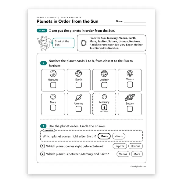 3rd Grade Planets in Order from the Sun worksheet for grade 3