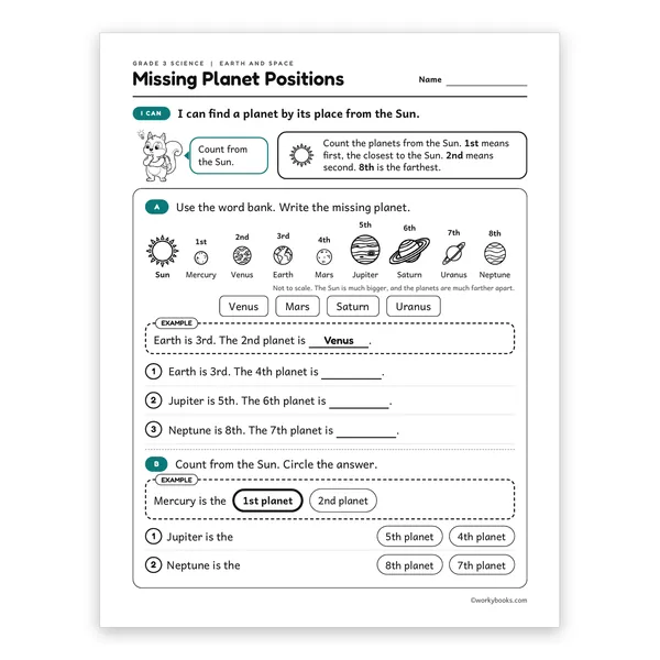 3rd Grade Missing Planet Positions worksheet for grade 3