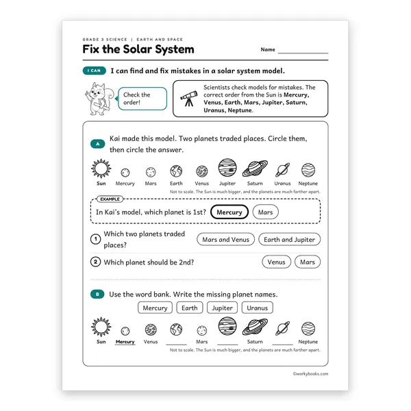 3rd Grade Fix the Solar System worksheet for grade 3
